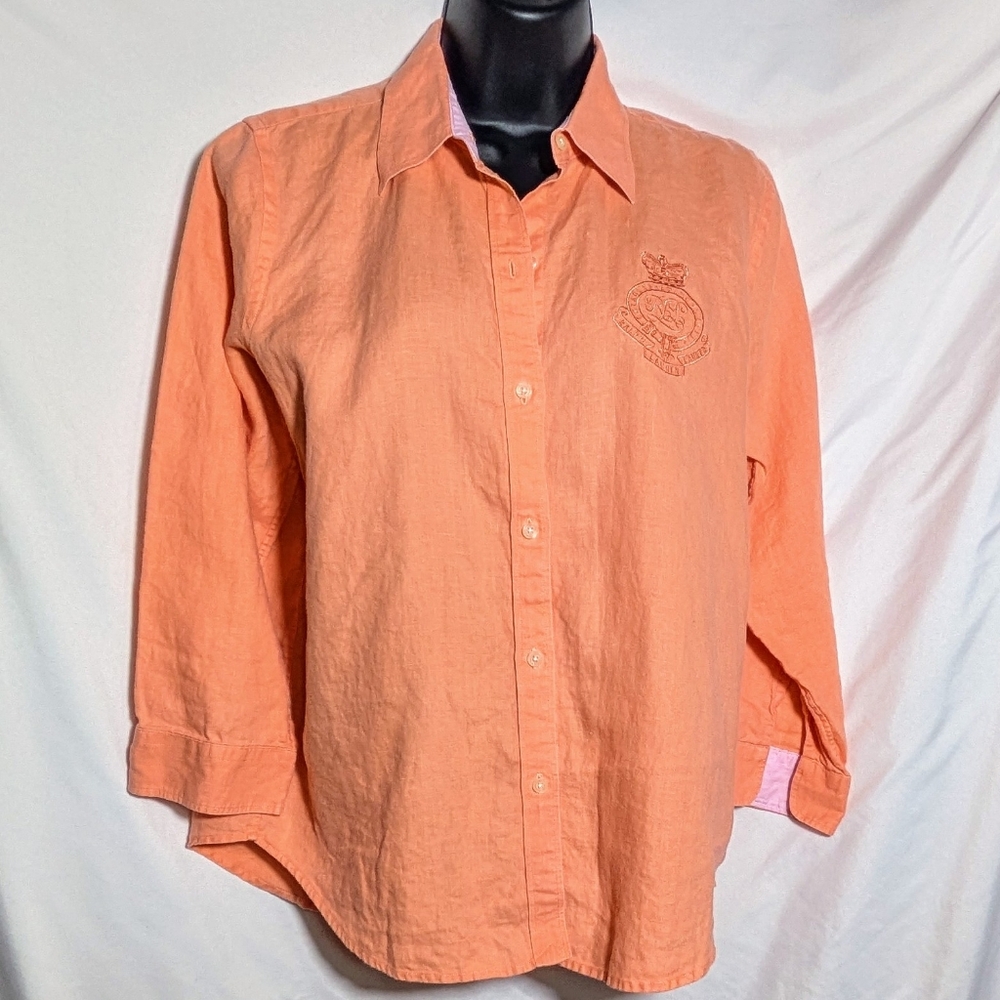 Women's RALPH LAUREN Linen Button Down Top/Shirt, Summer, Embroidered Sz‎ M